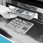 Illustration of a hand withdrawing US dollars from an ATM machine, graphic style.
